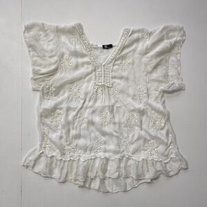 Made In Italy White Sheer Gauzy Silk Boho Top Sz L Hippie Tunic Embroidered